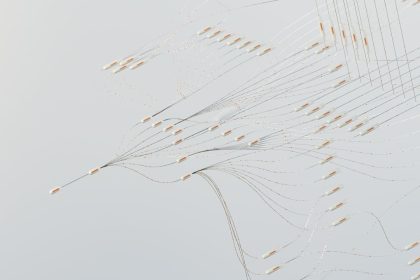 Representação abstrata de redes neurais digitais interligadas, com fluxos de dados em diferentes direções.