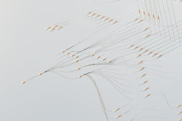 Representação abstrata de redes neurais digitais interligadas, com fluxos de dados em diferentes direções.