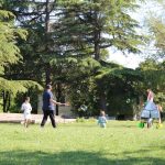 Crianças brincam com bolhas de sabão em um parque ensolarado cercado por árvores.